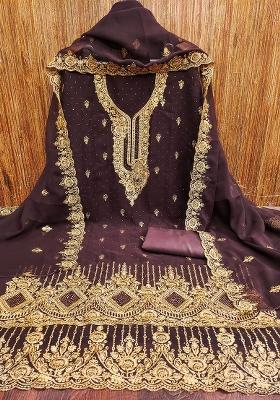 Coffee Brown Embroidered Georgette Dress Material