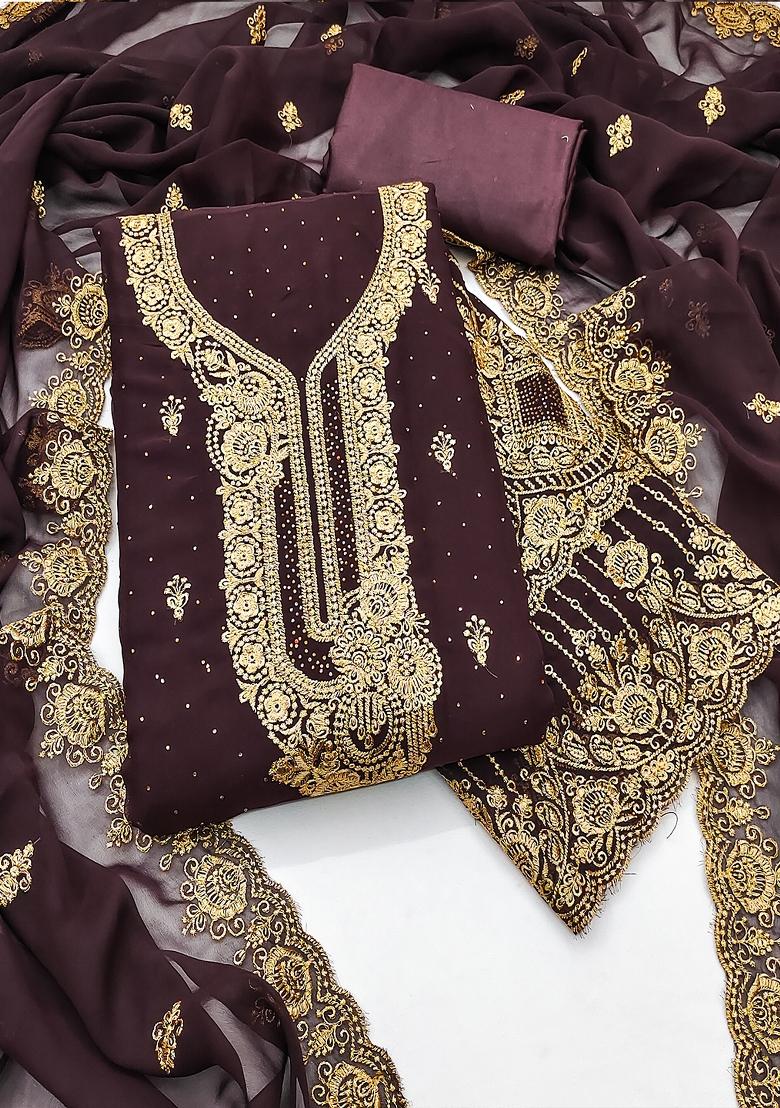 Coffee Brown Embroidered Georgette Dress Material