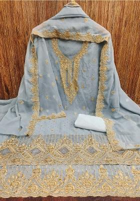 Grey Embroidered Georgette Dress Material