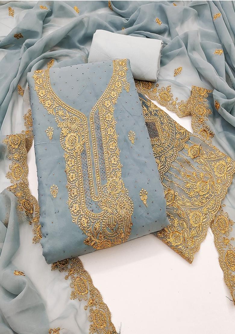 Grey Embroidered Georgette Dress Material