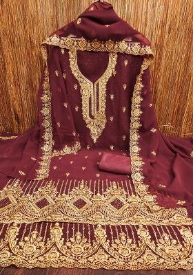 Maroon Embroidered Georgette Dress Material