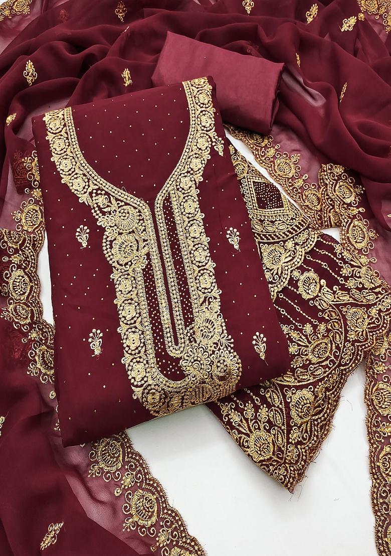 Maroon Embroidered Georgette Dress Material