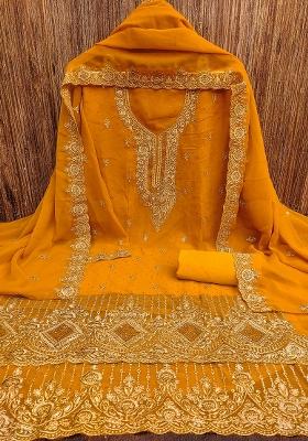 Mustard Yellow Embroidered Georgette Dress Material