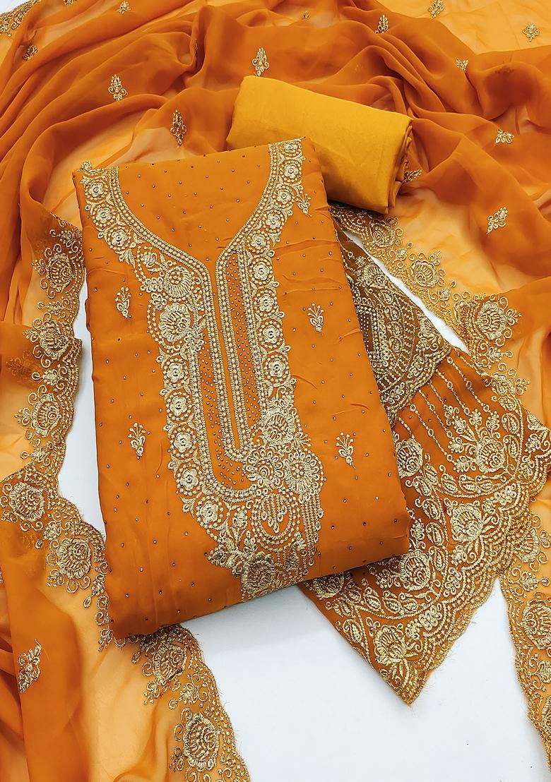 Mustard Yellow Embroidered Georgette Dress Material