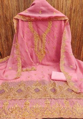 Pink Embroidered Georgette Dress Material