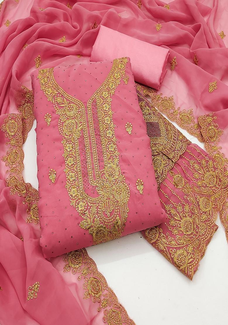 Pink Embroidered Georgette Dress Material