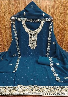 Turquoise Blue Embroidered Georgette Dress Material