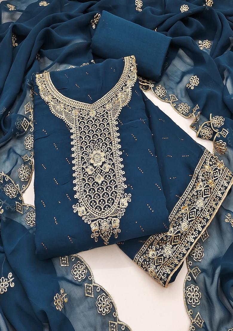 Turquoise Blue Embroidered Georgette Dress Material