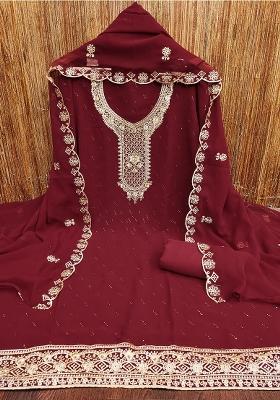 Maroon Embroidered Georgette Dress Material