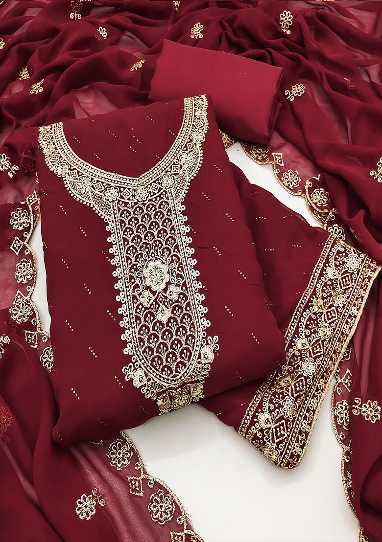 Maroon Embroidered Georgette Dress Material