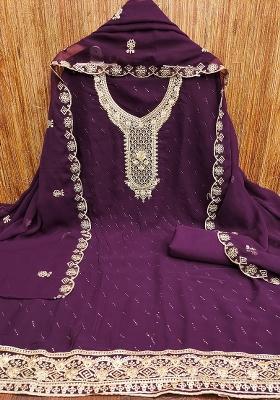 Purple Embroidered Georgette Dress Material