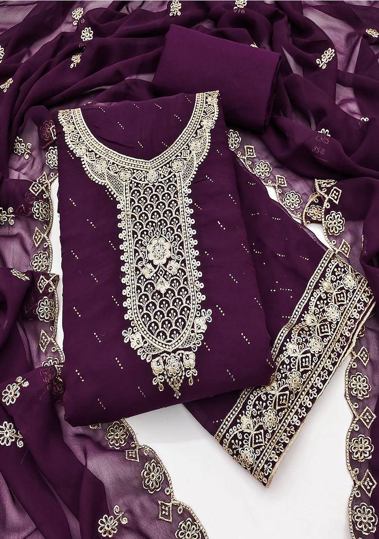 Purple Embroidered Georgette Dress Material