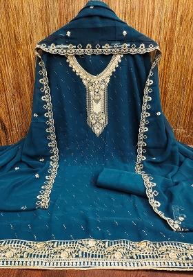 Turquoise Blue Embroidered Georgette Dress Material