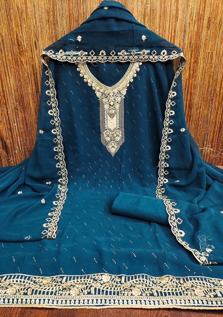 Turquoise Blue Embroidered Georgette Dress Material