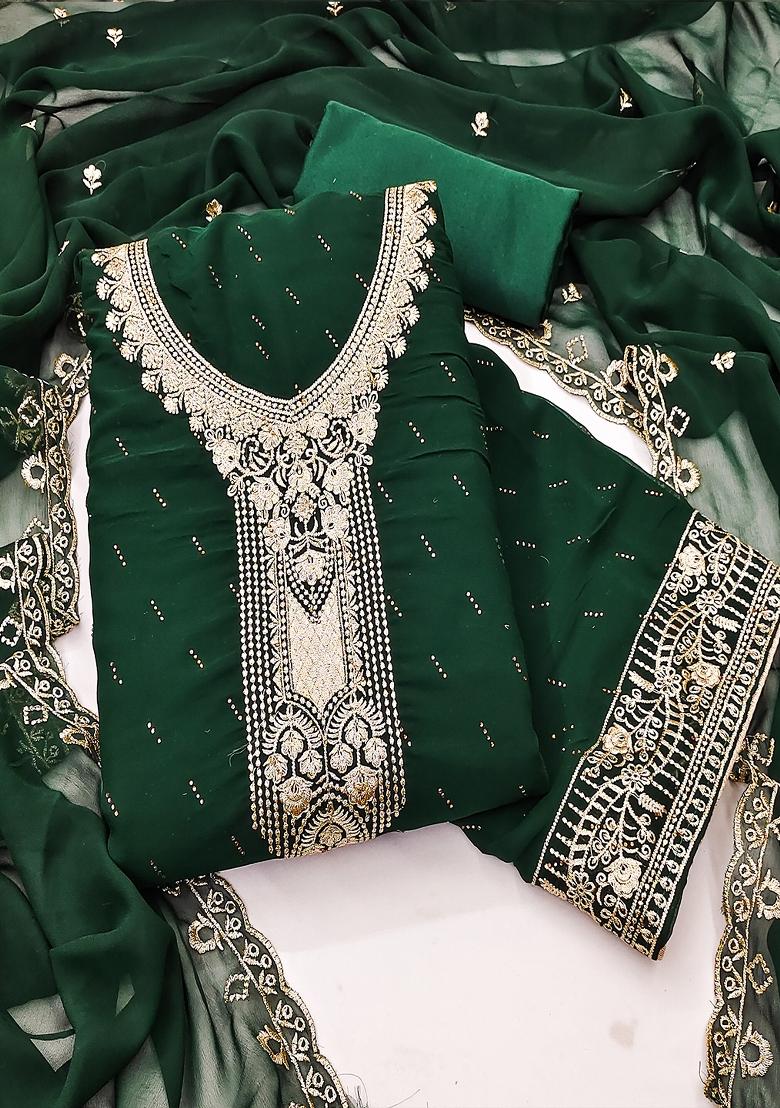 Green Embroidered Georgette Dress Material