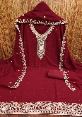 Maroon Embroidered Georgette Dress Material