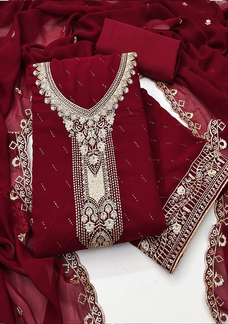 Maroon Embroidered Georgette Dress Material