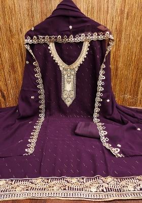 Purple Embroidered Georgette Dress Material