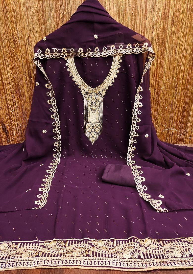 Purple Embroidered Georgette Dress Material