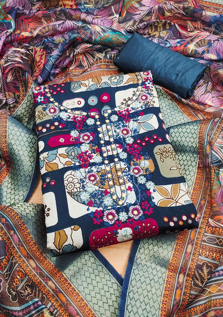 Blue Floral Cotton Dress Material