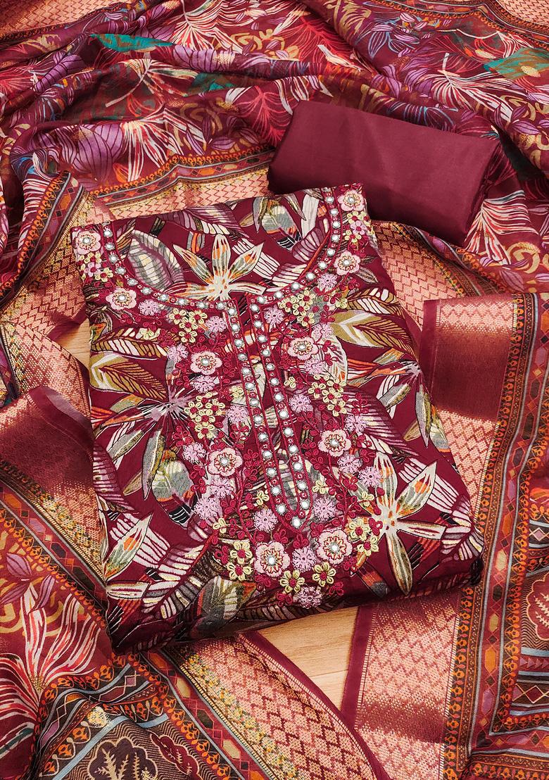 Maroon Floral Cotton Dress Material