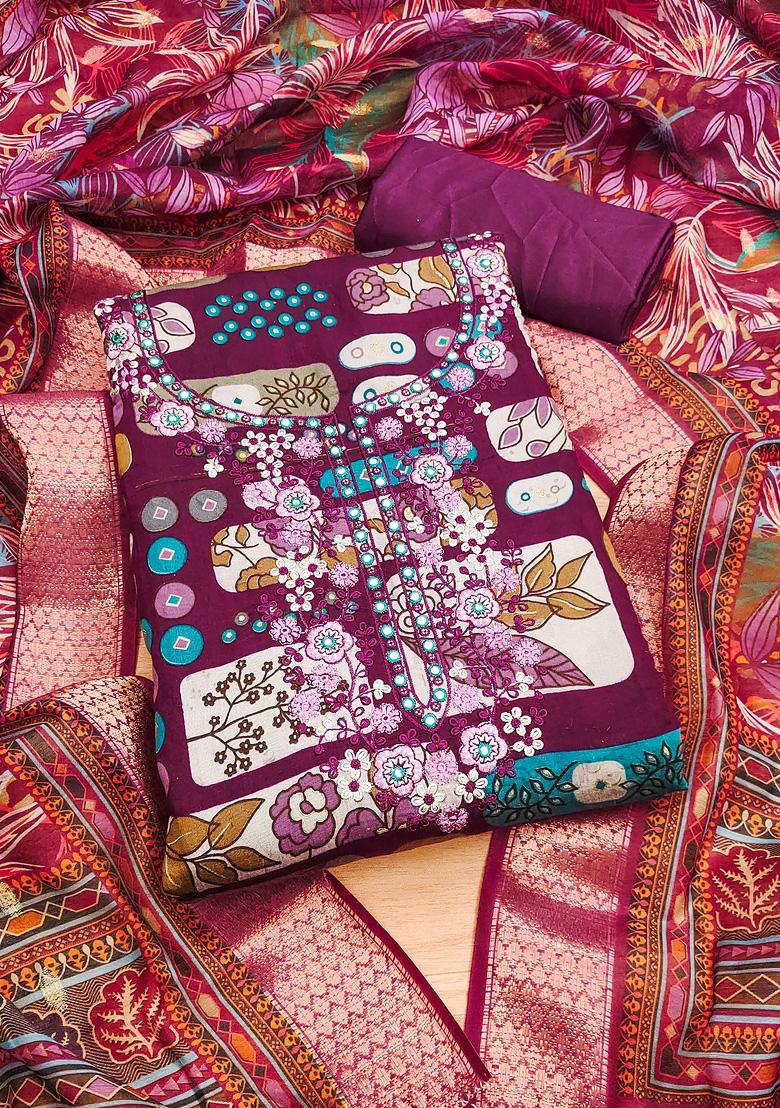 Purple Floral Cotton Dress Material