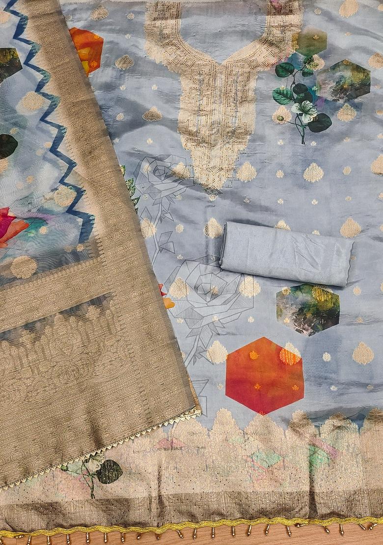 Grey Embellished Organza Dress Material