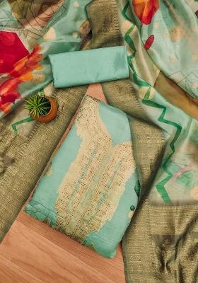 Lime Green Embellished Organza Dress Material