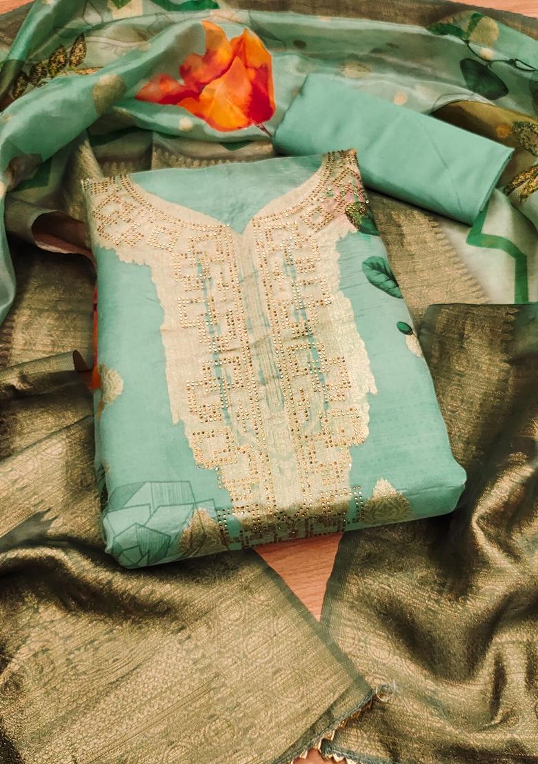 Lime Green Embellished Organza Dress Material