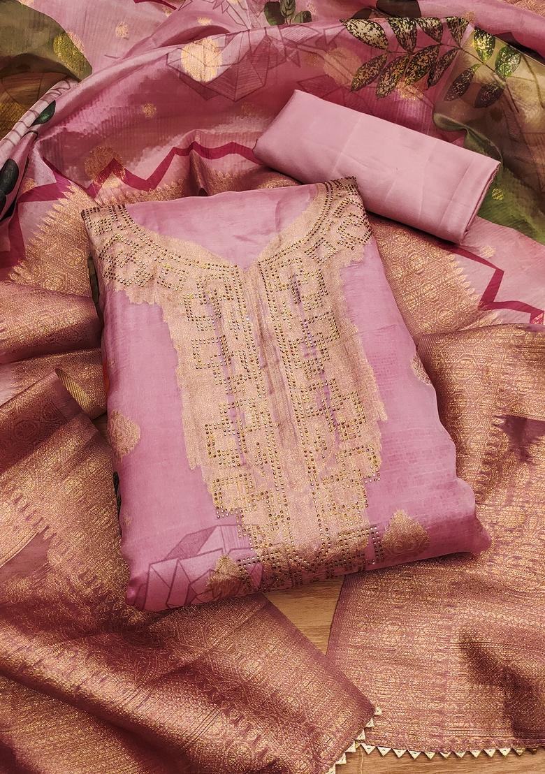 Pink Embellished Organza Dress Material