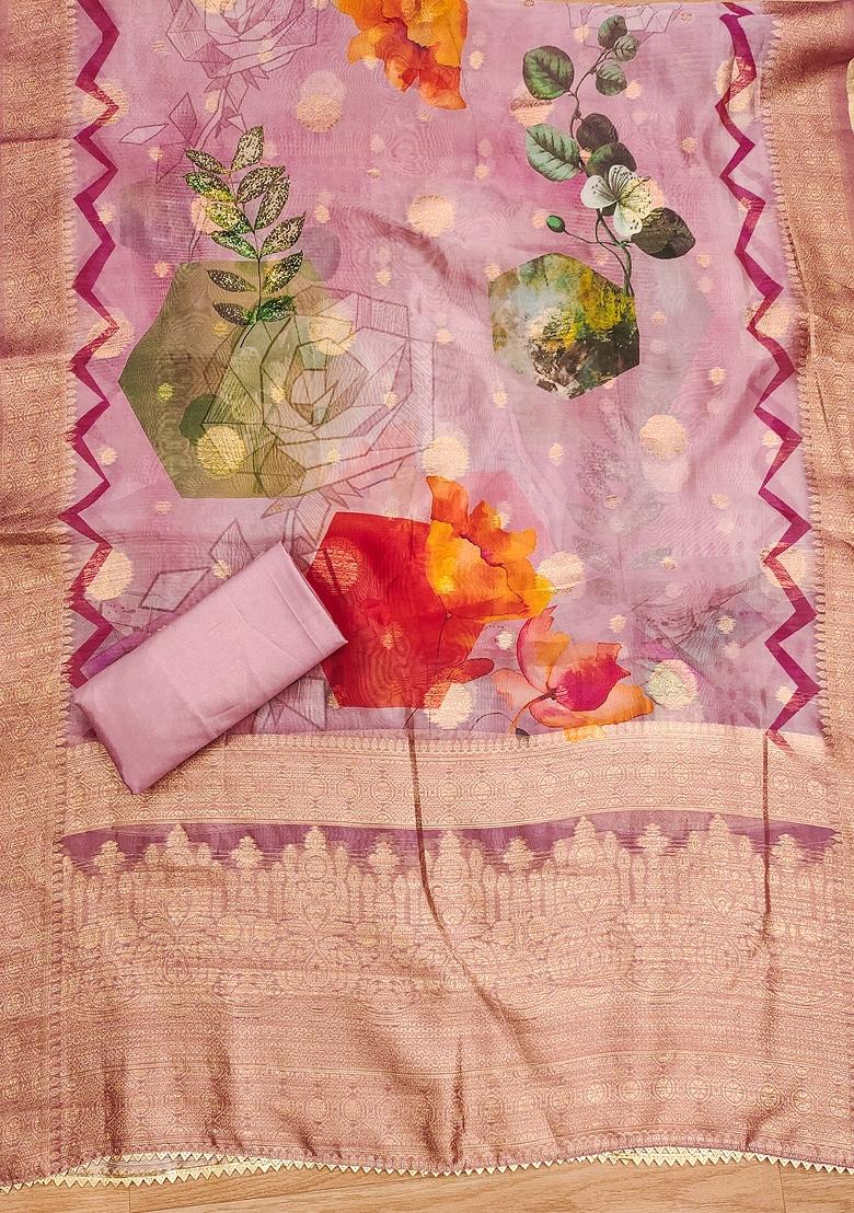 Pink Embellished Organza Dress Material