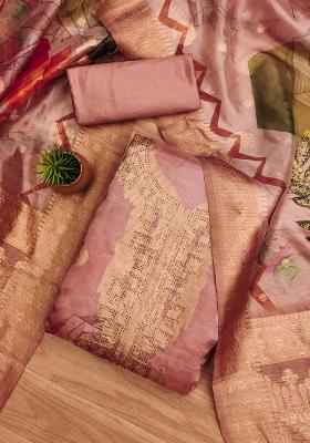 Coral Embellished Organza Dress Material