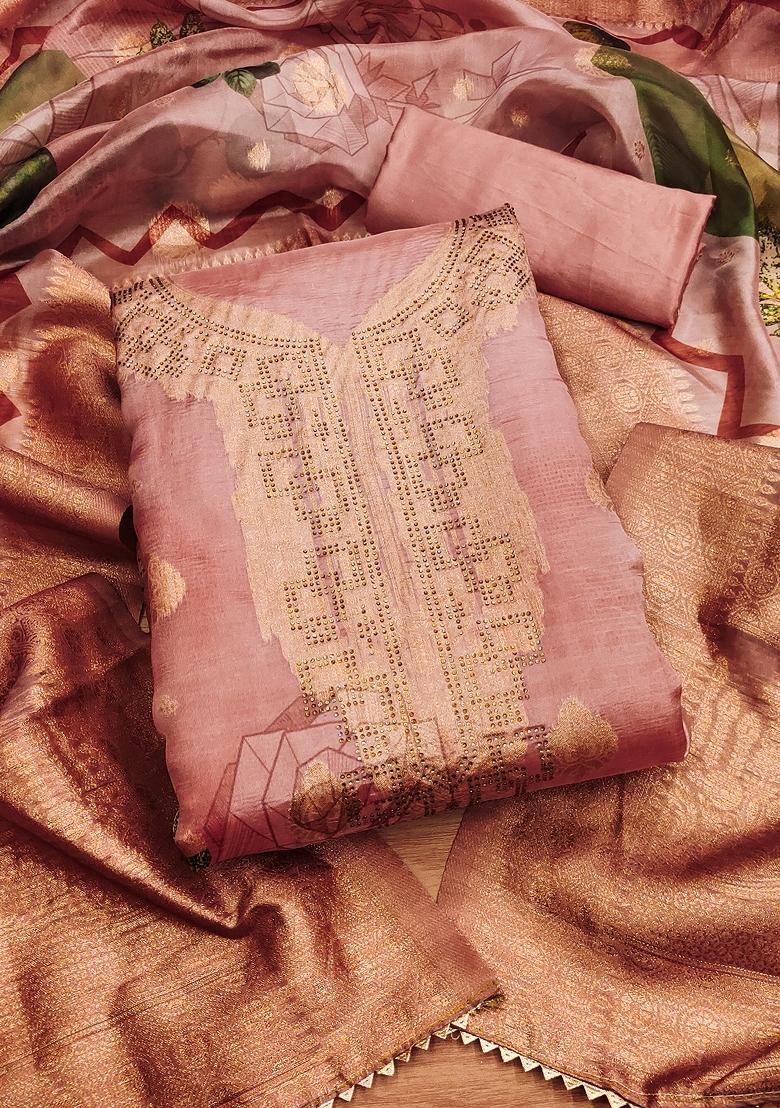 Coral Embellished Organza Dress Material