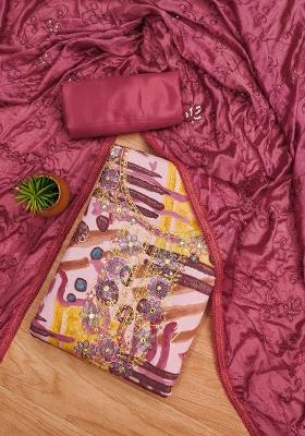 Brown Embroidered Cotton Dress Material