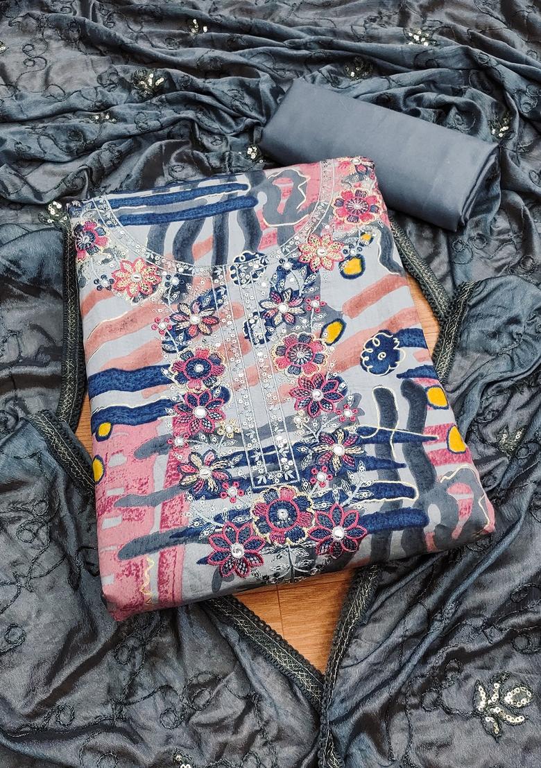 Grey Embroidered Cotton Dress Material