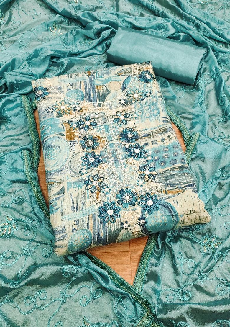 Lime Green Embroidered Cotton Dress Material