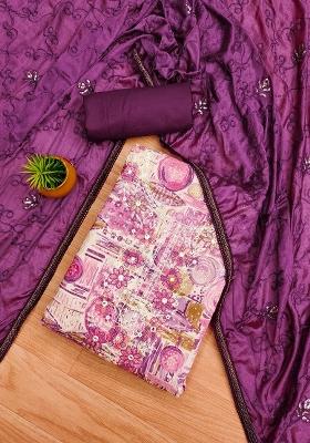 Purple Embroidered Cotton Dress Material