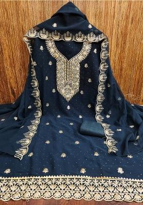 Turquoise Blue Embroidered Georgette Dress Material