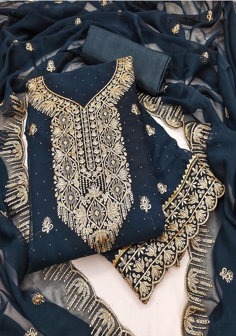 Turquoise Blue Embroidered Georgette Dress Material