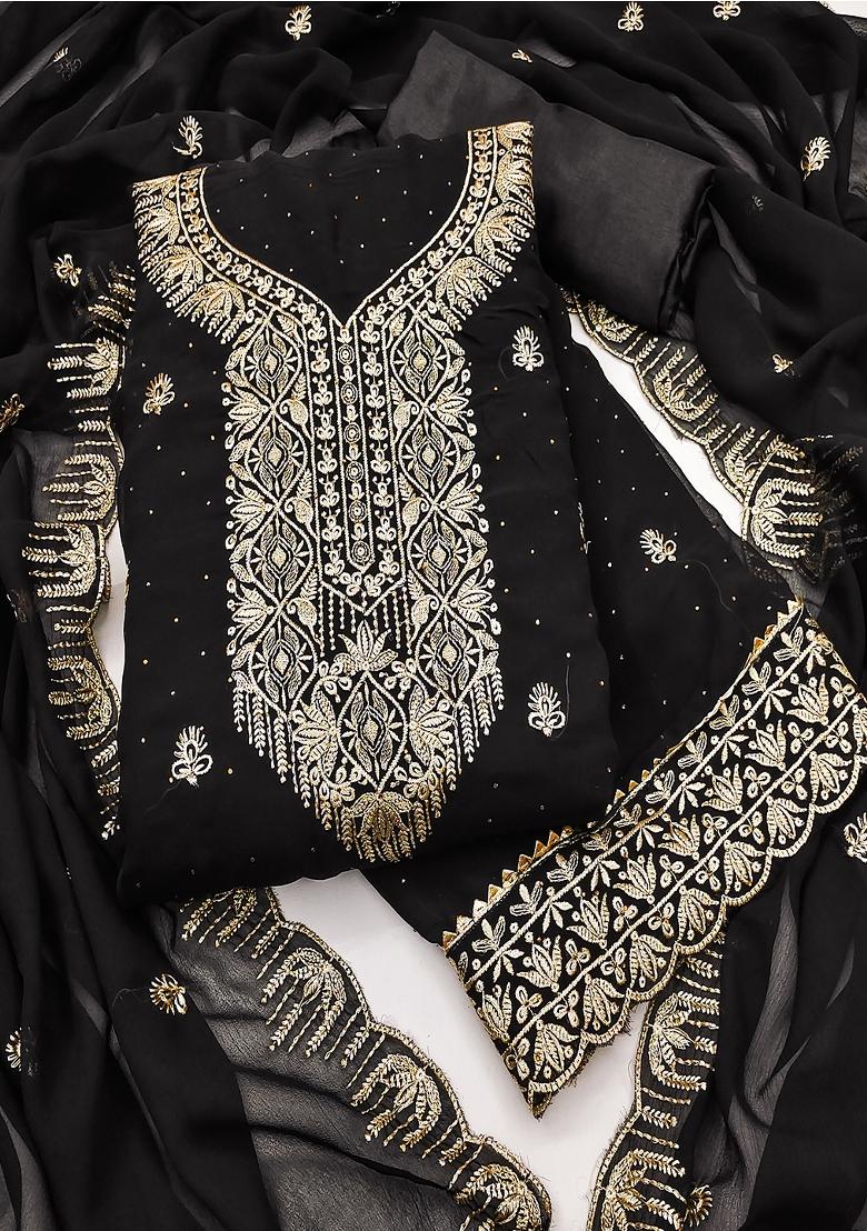Black Embroidered Georgette Dress Material