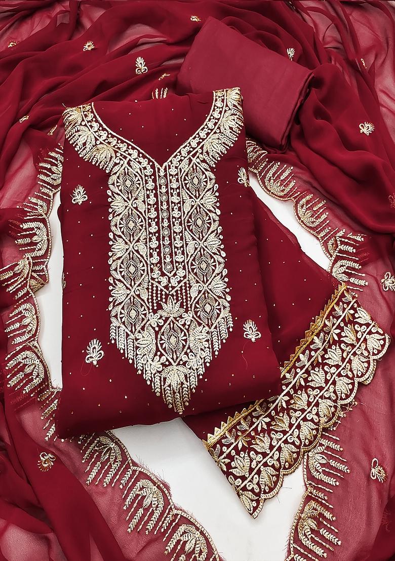 Maroon Embroidered Georgette Dress Material