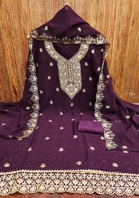 Purple Embroidered Georgette Dress Material
