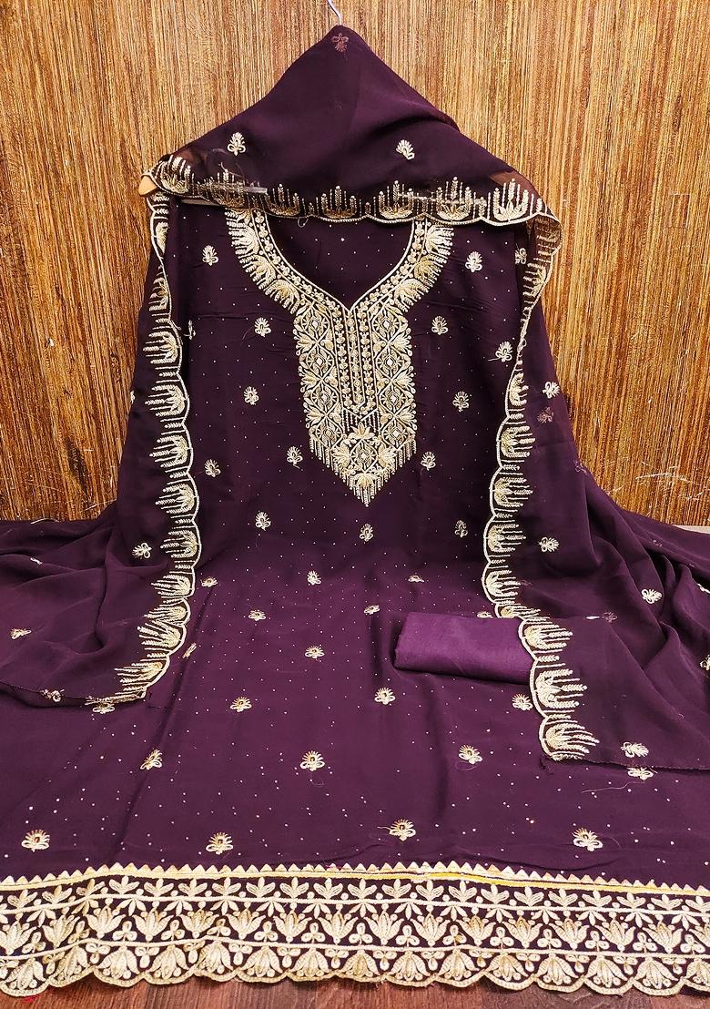 Purple Embroidered Georgette Dress Material