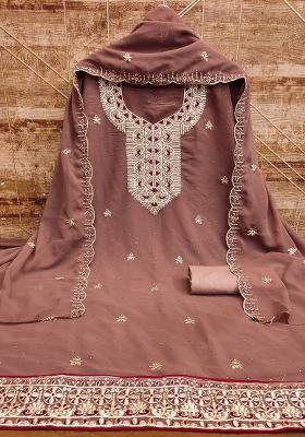 Brown Embroidered Georgette Dress Material