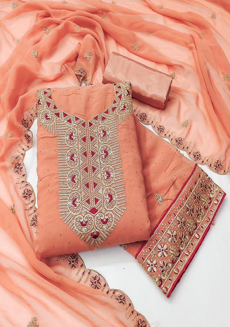 Orange Embroidered Georgette Dress Material