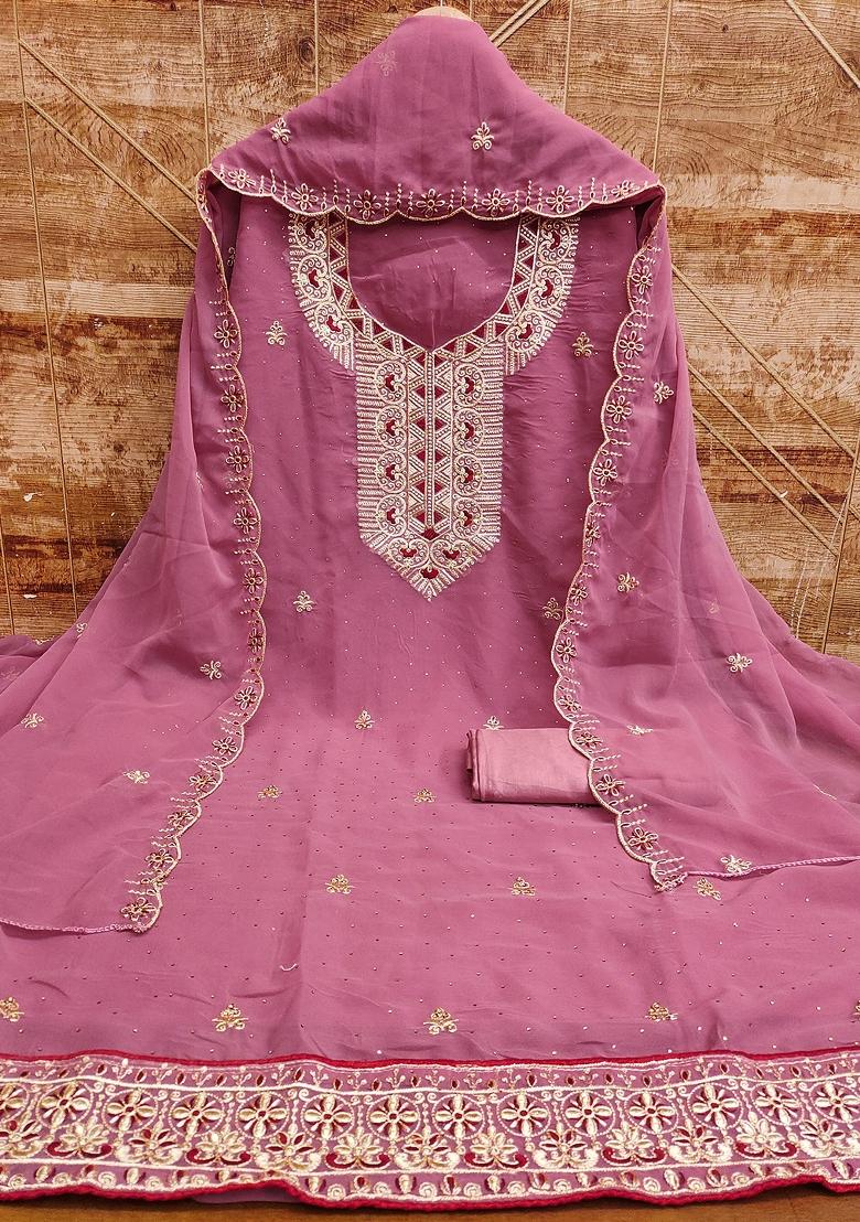 Pink Embroidered Georgette Dress Material