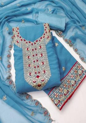 Turquoise Blue Embroidered Georgette Dress Material