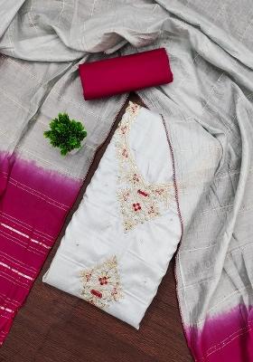 Grey Embroidered Silk Dress Material