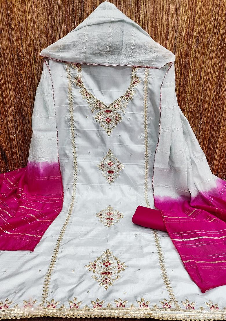 Grey Embroidered Silk Dress Material