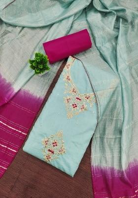Turquoise Blue Embroidered Silk Dress Material